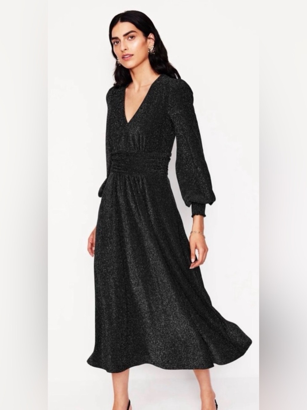 Boden Daphne Black Metallic Midi long sleeve Dress